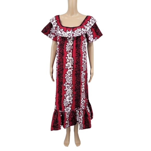 Aloha Mo'i Vintage Hawaiian Hibiscus Floral Red and White Maxi Dress Mumu - Picture 1 of 13